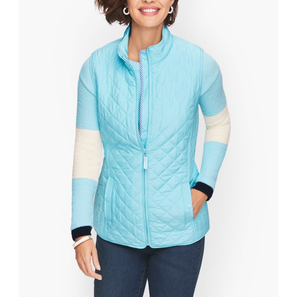 NWT Blue Quilted Vest Size S Zip Front Talbots Diamond Quilted Opal Blue Pockets